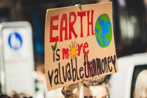 Ein handgemaltes Demonstrations-Protestschild mit der Aufschrift "Earth is more valuable than momey"