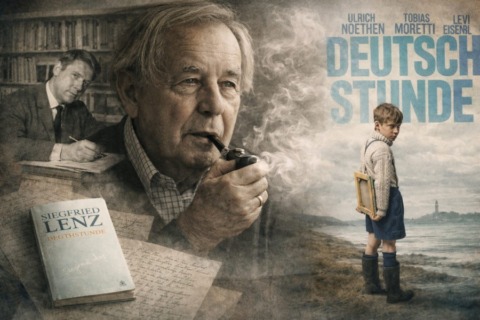 Wir sehen ein Kollage aus dem jungen und dem alter Sigfried Lem,mit dem Buch "Deutschstunde" Dazu sehen wir auch noch das Filmplakat zu dem Film.