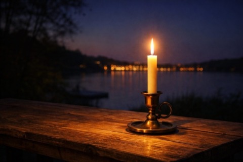 Auf einem Holztisch steht spät abends eine brennende Kerze.