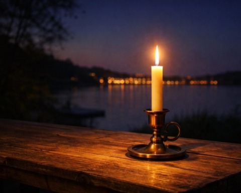 Auf einem Holztisch steht spät abends eine brennende Kerze.