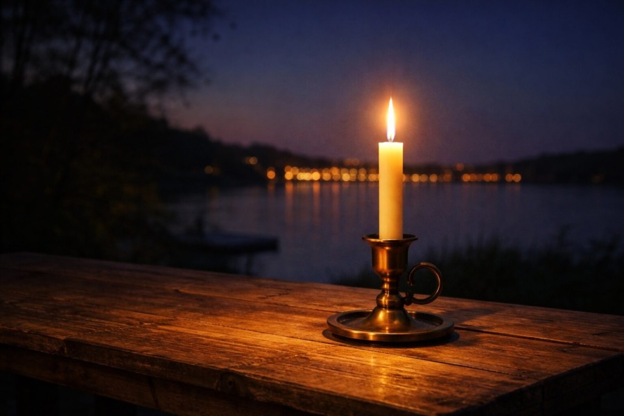 Auf einem Holztisch steht spät abends eine brennende Kerze.