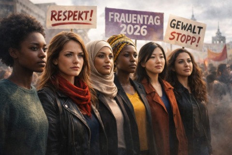 Sechs Frauen unterschiedlicher Herkunft stehen nebeneinander und blicken entschlossen nach vorne. Im Hintergrund sind Demonstrationsschilder mit Forderungen nach Respekt, Sicherheit und Gleichberechtigung zu sehen. Das Bild symbolisiert Solidarität, Vielfalt und den gemeinsamen Kampf von Frauen weltweit für ihre Rechte.