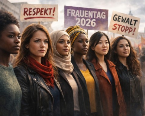 Sechs Frauen unterschiedlicher Herkunft stehen nebeneinander und blicken entschlossen nach vorne. Im Hintergrund sind Demonstrationsschilder mit Forderungen nach Respekt, Sicherheit und Gleichberechtigung zu sehen. Das Bild symbolisiert Solidarität, Vielfalt und den gemeinsamen Kampf von Frauen weltweit für ihre Rechte.