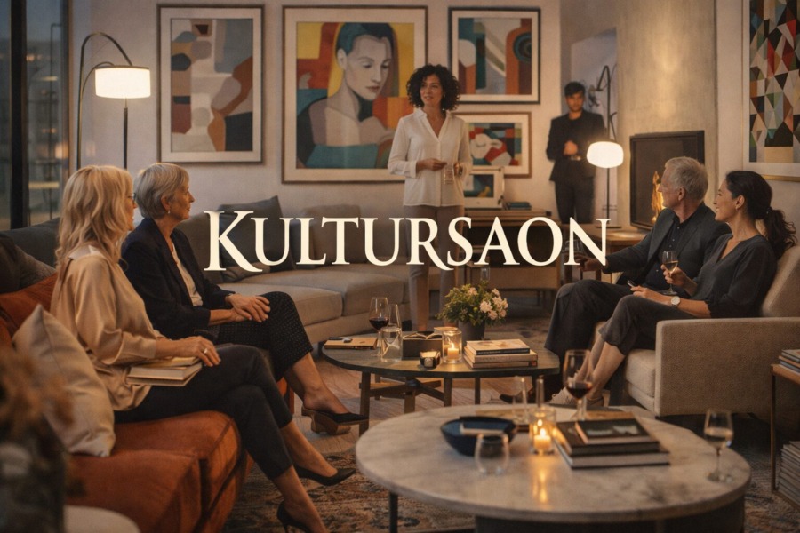 Das Bild zeigt Menschen die sich treffen und unterhalten in einer Art Wohnzimmer, was aber die moderne Variante eine KulturSalaon sein soll.