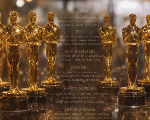 Neben vielen goldenen Oscars sehen wir in der Mitte ein Liste der Nominierten Best Picture 2026