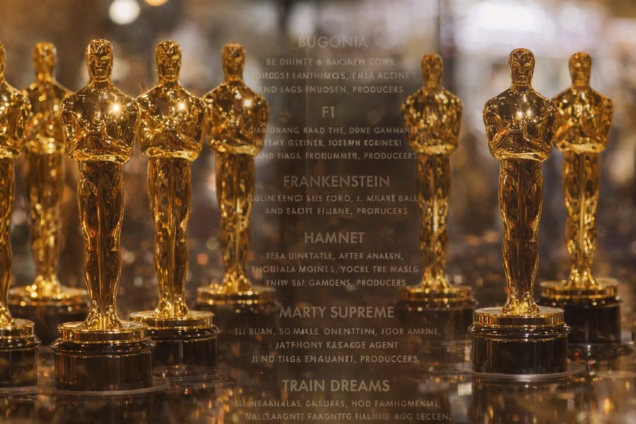 Neben vielen goldenen Oscars sehen wir in der Mitte ein Liste der Nominierten Best Picture 2026