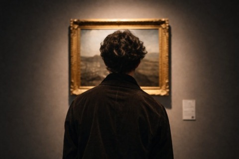 Ein Museumsraum mit einem einzigen Bild an der Wand — von hinten fotografiert, sodass wir sehen, dass jemand davor steht und schaut. Nicht was er sieht. Sondern dass er schaut.