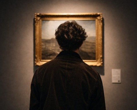 Ein Museumsraum mit einem einzigen Bild an der Wand — von hinten fotografiert, sodass wir sehen, dass jemand davor steht und schaut. Nicht was er sieht. Sondern dass er schaut.