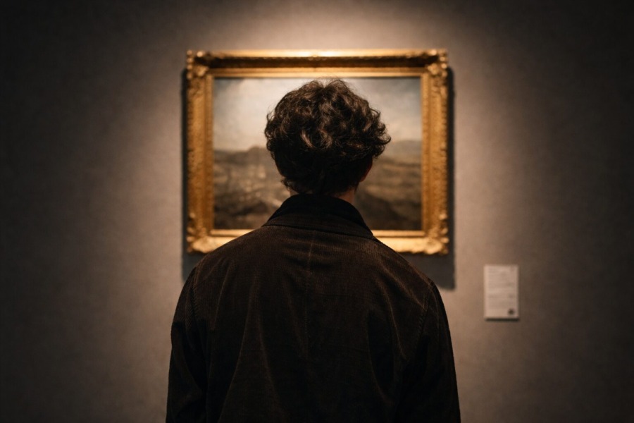 Ein Museumsraum mit einem einzigen Bild an der Wand — von hinten fotografiert, sodass wir sehen, dass jemand davor steht und schaut. Nicht was er sieht. Sondern dass er schaut.