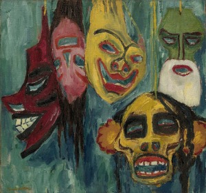 Wir sehen das Kunstwerk "Masken" mit fünf unterschiedlichen Fraskenhafte Masken von Emil Nolde aus dem Jahr 1911.