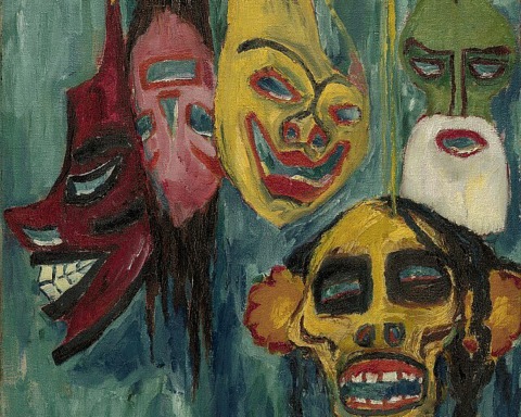 Wir sehen das Kunstwerk "Masken" mit fünf unterschiedlichen Fraskenhafte Masken von Emil Nolde aus dem Jahr 1911.
