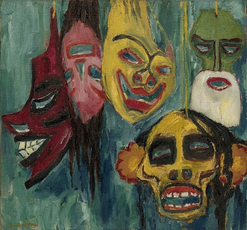 Wir sehen das Kunstwerk "Masken" mit fünf unterschiedlichen Fraskenhafte Masken von Emil Nolde aus dem Jahr 1911.