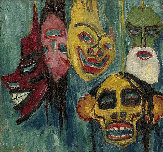 Wir sehen das Kunstwerk "Masken" mit fünf unterschiedlichen Fraskenhafte Masken von Emil Nolde aus dem Jahr 1911.