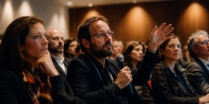 Menschen in einem Vortragssaal beim Zuhören und beim Fragen stellen