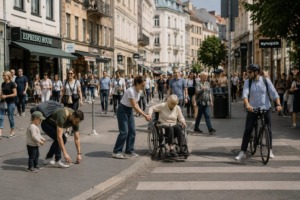 Eine lebendige europäische Fußgängerzone an einem sonnigen Nachmittag. Menschen verschiedener Generationen und sozialer Hintergründe teilen sich selbstverständlich den öffentlichen Raum. Eine junge Frau hilft einer älteren Person über eine Bordsteinkante, ein Vater hebt den Müll seines Kindes auf, ein Radfahrer wartet geduldig an einem Zebrastreifen, Passanten begegnen sich respektvoll.