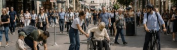 Eine lebendige europäische Fußgängerzone an einem sonnigen Nachmittag. Menschen verschiedener Generationen und sozialer Hintergründe teilen sich selbstverständlich den öffentlichen Raum. Eine junge Frau hilft einer älteren Person über eine Bordsteinkante, ein Vater hebt den Müll seines Kindes auf, ein Radfahrer wartet geduldig an einem Zebrastreifen, Passanten begegnen sich respektvoll.