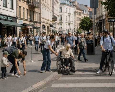 Eine lebendige europäische Fußgängerzone an einem sonnigen Nachmittag. Menschen verschiedener Generationen und sozialer Hintergründe teilen sich selbstverständlich den öffentlichen Raum. Eine junge Frau hilft einer älteren Person über eine Bordsteinkante, ein Vater hebt den Müll seines Kindes auf, ein Radfahrer wartet geduldig an einem Zebrastreifen, Passanten begegnen sich respektvoll.