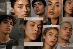 Collage aus Frauen- und Männerporträts mit unterschiedlichen Gesichtszügen und Hauttönen, die durch eine ähnlich makellose, optimierte Ästhetik fast austauschbar wirken. Das Motiv visualisiert das sogenannte Instagram Face.