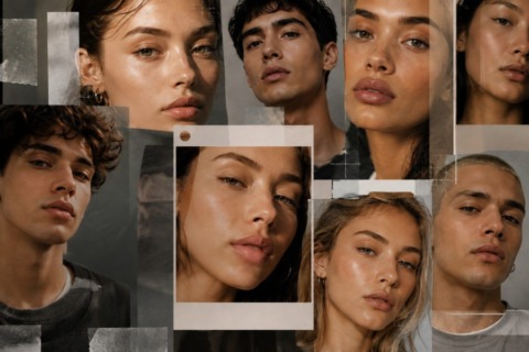 Collage aus Frauen- und Männerporträts mit unterschiedlichen Gesichtszügen und Hauttönen, die durch eine ähnlich makellose, optimierte Ästhetik fast austauschbar wirken. Das Motiv visualisiert das sogenannte Instagram Face.