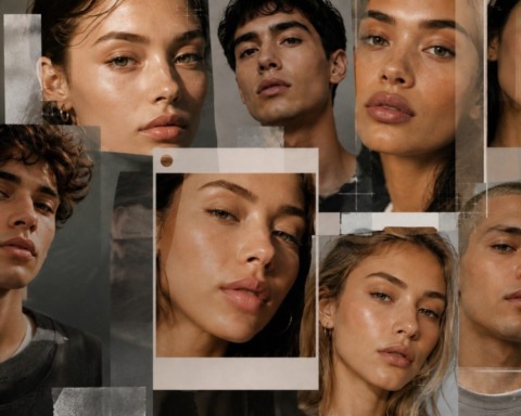 Collage aus Frauen- und Männerporträts mit unterschiedlichen Gesichtszügen und Hauttönen, die durch eine ähnlich makellose, optimierte Ästhetik fast austauschbar wirken. Das Motiv visualisiert das sogenannte Instagram Face.
