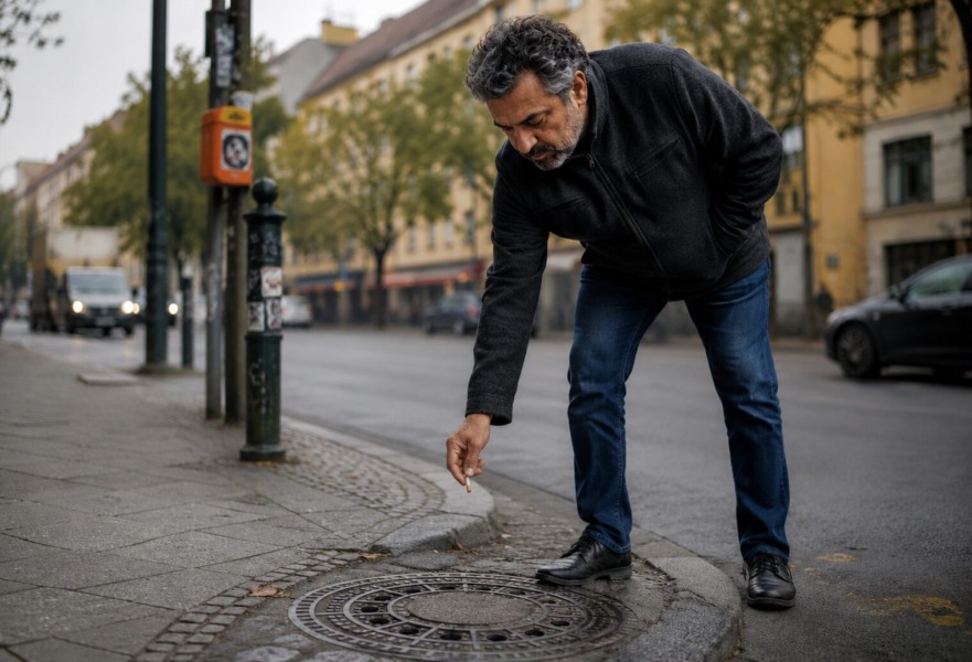 Ein etwa 50-jähriger Mann beugt sich über einen Gully am Straßenrand und hält einen Zigarettenstummel zwischen den Fingern, kurz bevor er ihn in den Gully fallen lässt. Eine städtische Straße bildet den Hintergrund.