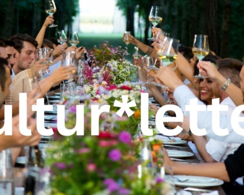 Viele Menschen sitzen an einer Sommertafel und feiern bei einen Abendessen. Dabei prosten sie sich zu.