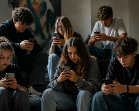 Jugendliche sitzen auf der Treppe eines Schulgebäudes und alle starren in in Smartphone