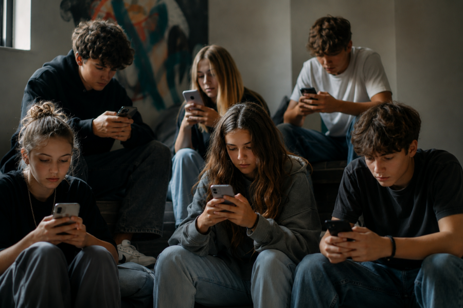 Jugendliche sitzen auf der Treppe eines Schulgebäudes und alle starren in in Smartphone